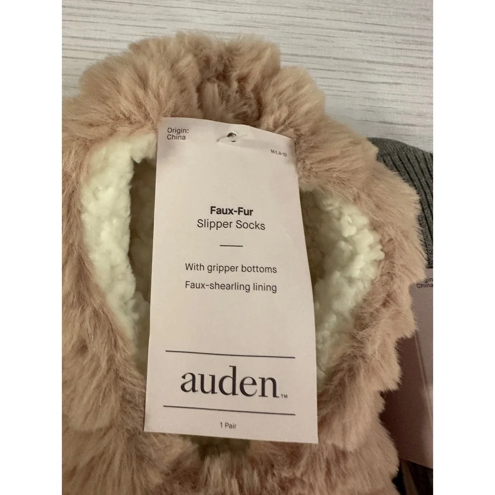 Auden Faux Fur Slipper Socks Pink and 4-Pack Ribbed Knit Crew Socks Grey Black